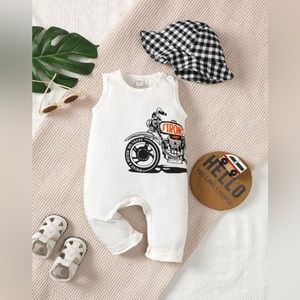 NWT 2 Piece Baby Motorcycle Print Tank Jumpsuit  & Hat